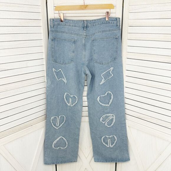Q&J Patchwork Hearts Wide Leg High Rise Jeans Blue Large - Picture 2 of 12